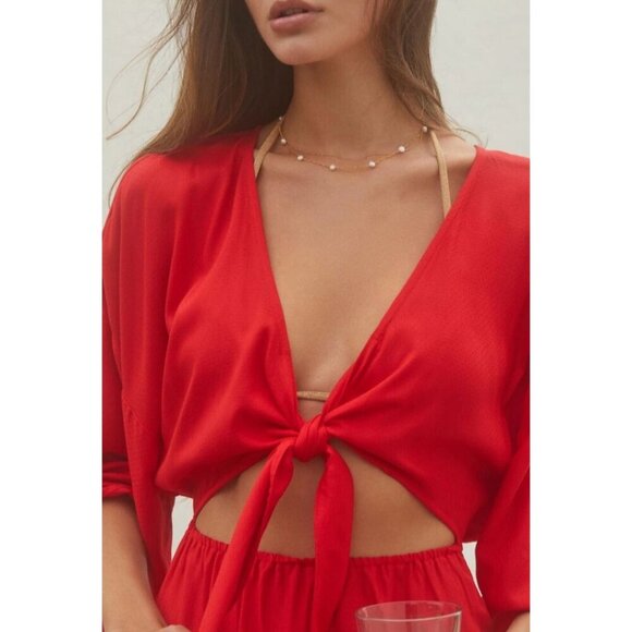 By Anthropologie Tie-Front Cover-Up Dress V Neck Red Long Slit Midi XXS - Picture 3 of 11